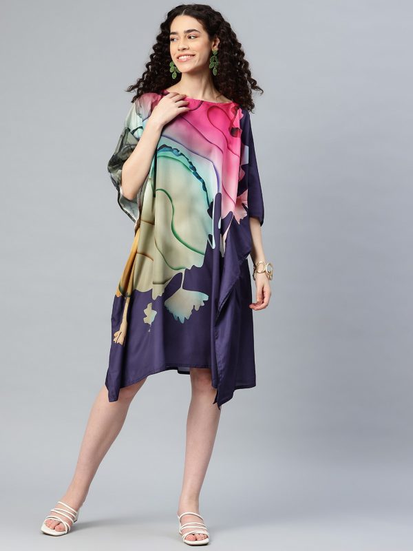 Print Kimono Sleeve Crepe Kaftan Dress