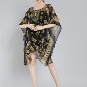 Floral Printed Sheer Chiffon Kaftan Midi Dress