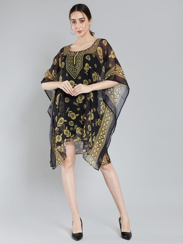 Floral Printed Sheer Chiffon Kaftan Midi Dress