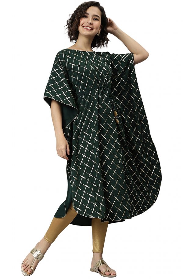 Janasya Green Checkered Kaftan